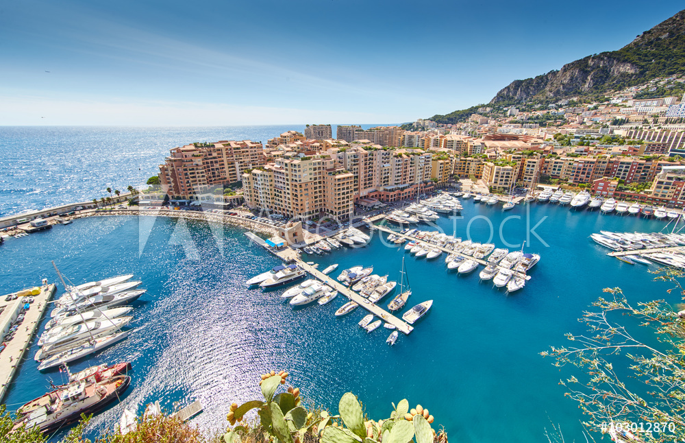 Obraz na płótnie Monaco, Fontvieille, 29.08.2015: Port Fontvieille, panorama, top view, cap dail, monaco ville w salonie