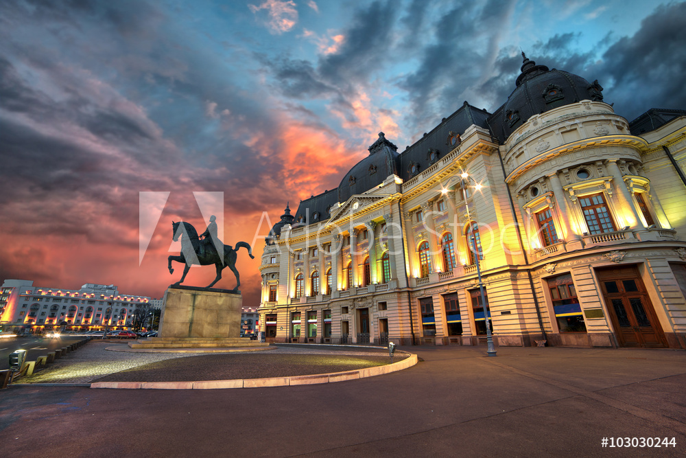 Obraz na płótnie Bukareszt Zachód słońca. Biblioteka Uniwersytecka nocą | Obraz na płótnie w sypialni