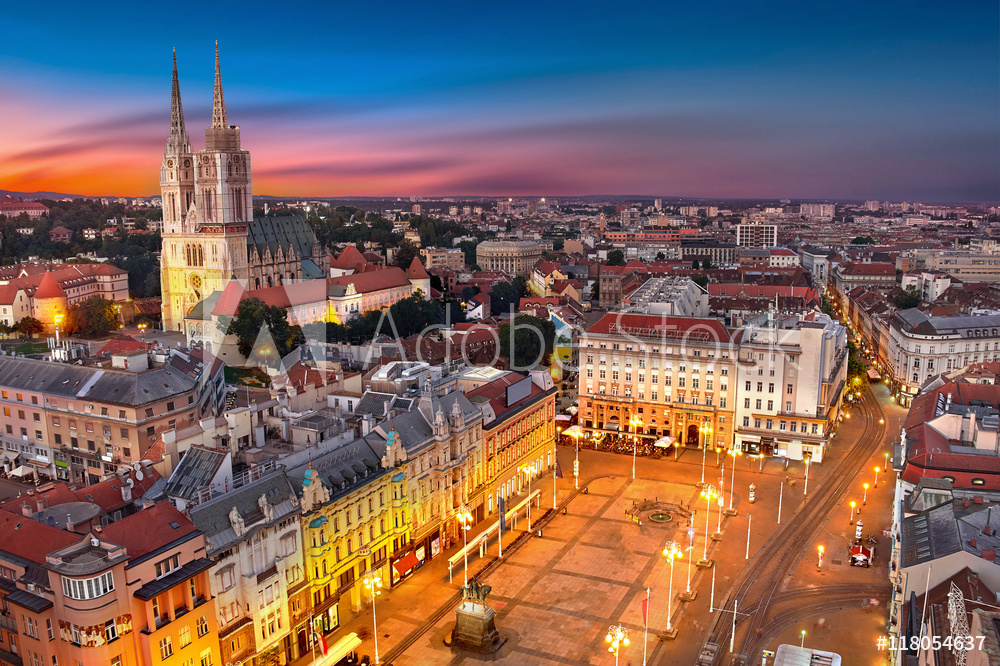 Zagreb Croatia at Sunset. View from above of Ban Jelacic Square