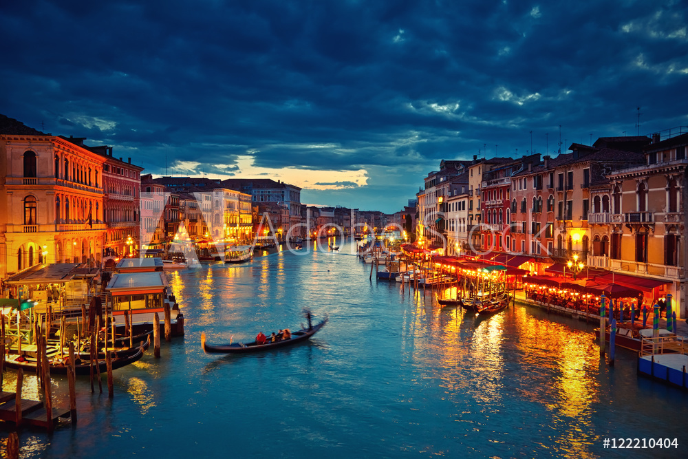 View on Grand Canal from Rialto bridge at dusk, Venice, Italy