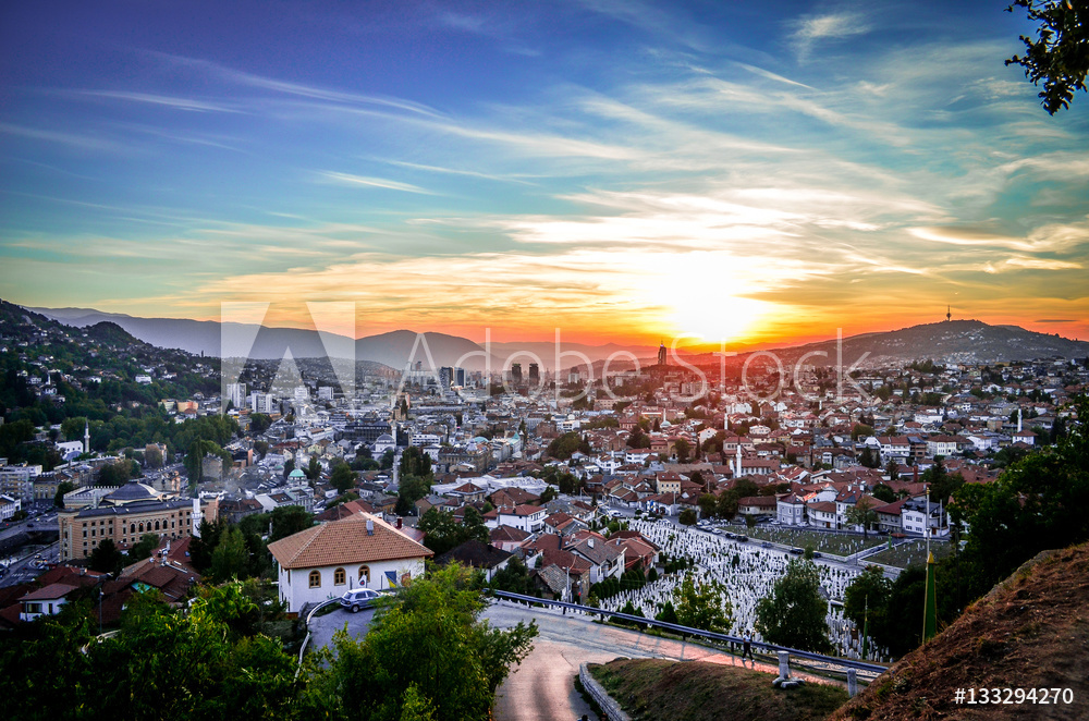 Fotoobraz Beautiful sunset in Sarajevo - Bosnia and Herzegovina beton architektoniczny