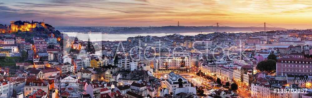 Panorama of Lisbon at night, Portugal