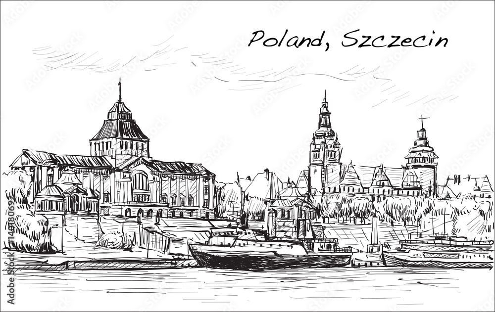 Czarno-biały szkic panoramy Szczecina z widokiem na Odrę, zabytkowe wieże kościelne i portową architekturę - obraz drukowany na płótnie