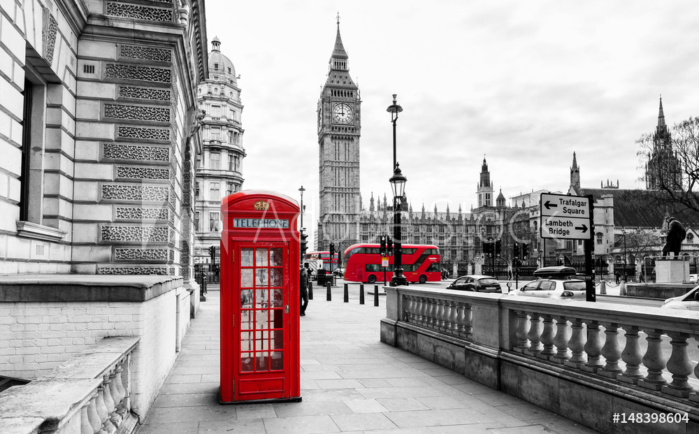 Obraz na płótnie London Telephone Booth and Big Ben w sypialni
