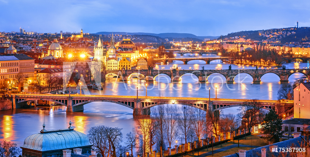 Obraz na płótnie Classic view of Prague at Twilight, panorama of Bridges on Vltava, view from above, beautiful bridges vista. Winter scenery. Prague is famous and extremely popular travel destination. Czech Republic. w sypialni