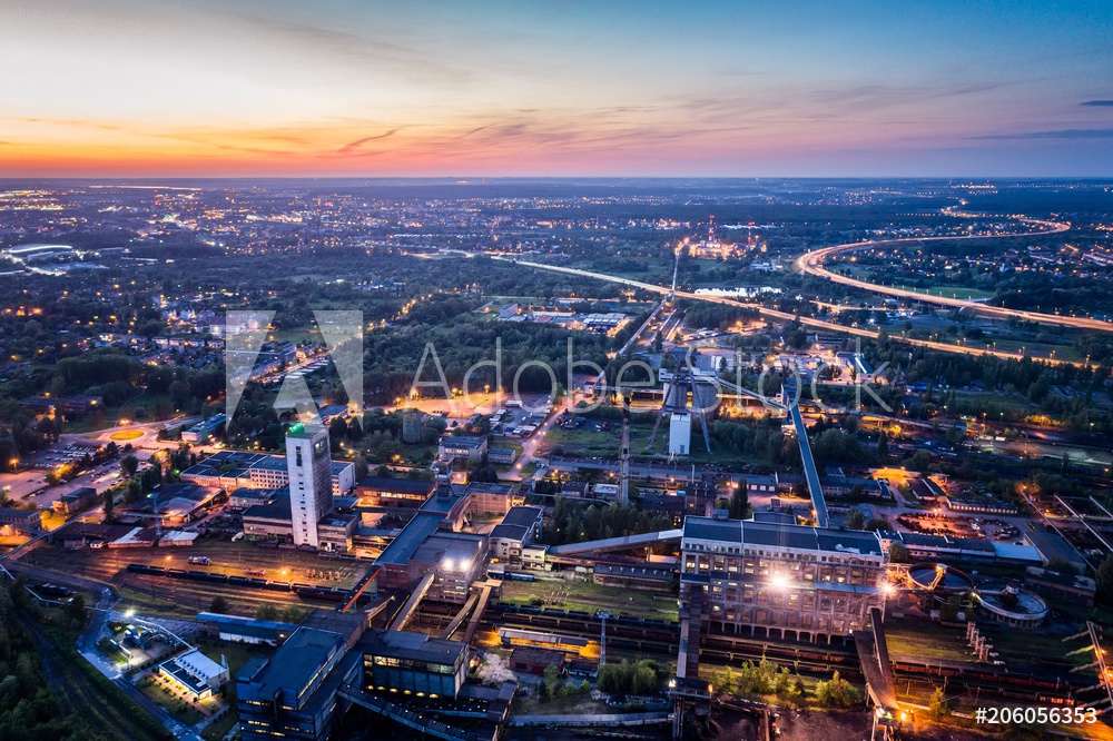 Obraz na płótnie Aerial drone view black coal mine at dusk. w salonie