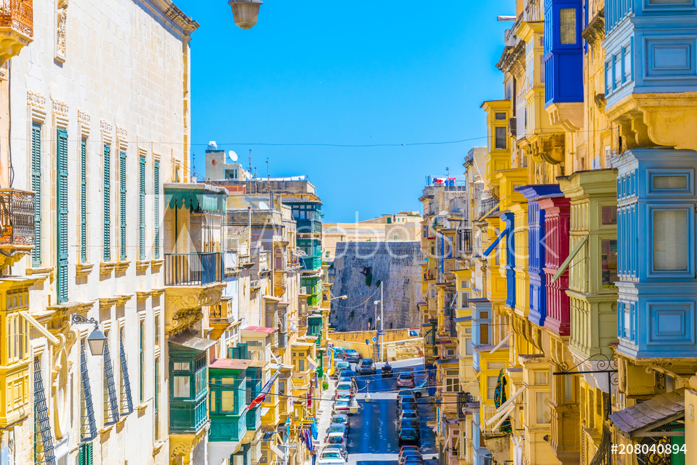 Facades of historical houses in the old town of Valletta, Malta