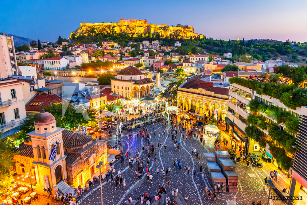 Obraz na płótnie Athens, Greece -  Monastiraki Square and Acropolis w salonie