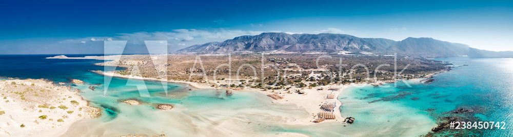 Aerial view of Elafonissi beach on Crete island with azure clear water, Greece, Europeof Elafonissi beach on Crete island with azure clear water, Greece, Europe