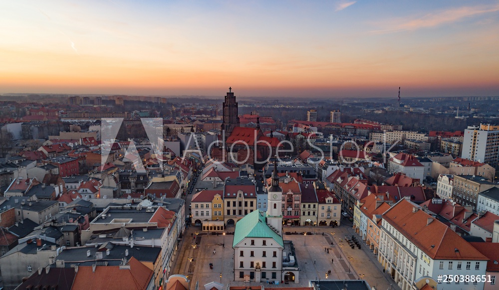 Drone view on town hall on Gliwice market square