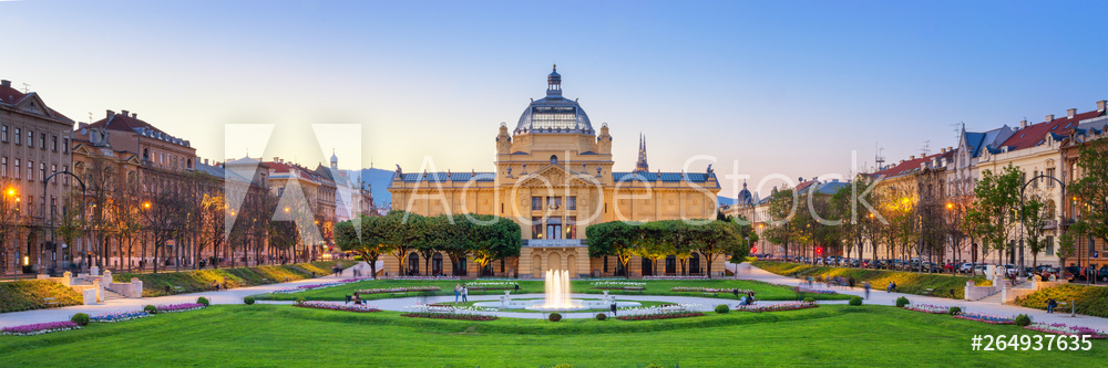 Panoramic View of the Art Pavilion and Park at sunset in Zagreb, Croatia