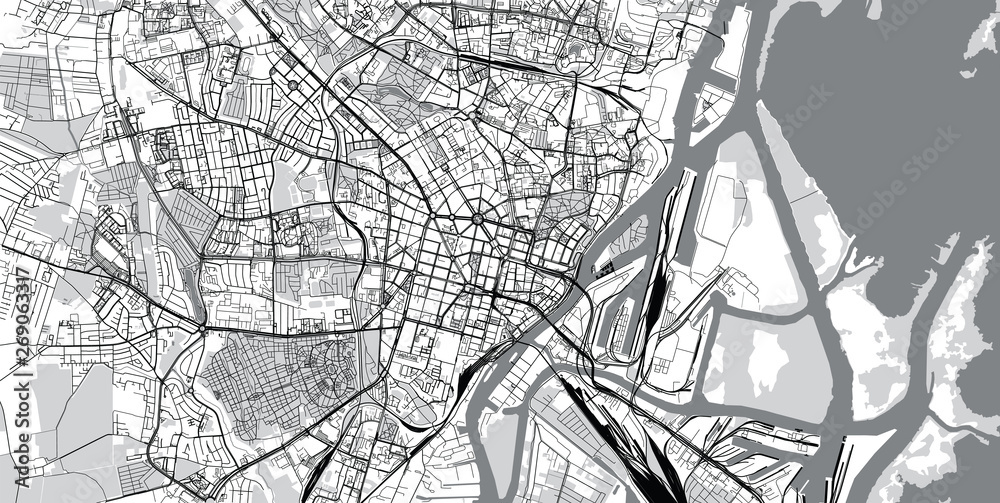 Czarno-biała mapa topograficzna miasta portowego z systemem ulic, kanałów i nabrzeży w stylu minimal - obraz drukowany na płótnie