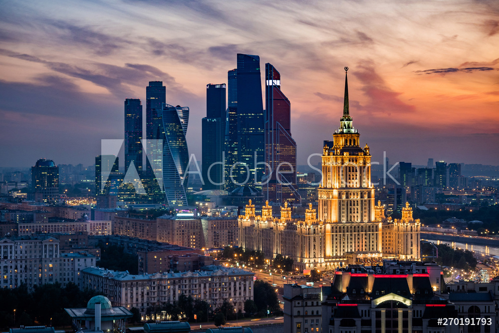 Aerial View of Moscow City Skyline at Sunset, Moscow, Russia