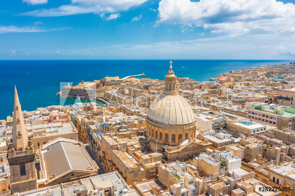 Aerial view of Lady of Mount Carmel church, St.Paul's Cathedral in Valletta city, Malta.