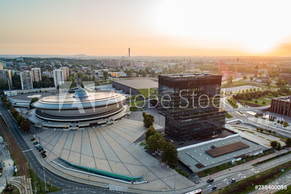 Aerial drone view of Katowice at sunrise. Katowice is the largest city and capital of Silesia voivodeship.