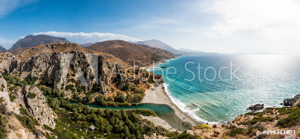 Obraz na płótnie Preveli, Oase mit Sandstrand, Palmen und Süsswasserfluss auf Kreta, Plakias, Griechenland w salonie