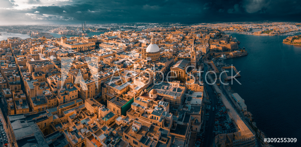 City of Valletta, capital of Malta, aerial view, island in Mediterranean sea, dramatic sky