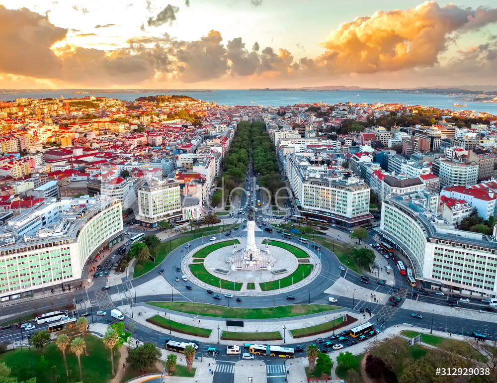 Lisbon aerial skyline panorama european city view on marques pombal square monument, sunset outside crossroads portugal