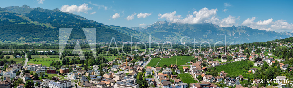 Obraz na płótnie Beautiful panoramic summer view of the capital of Liechtenstein Vaduz and the Swiss Alps in the background.  w salonie
