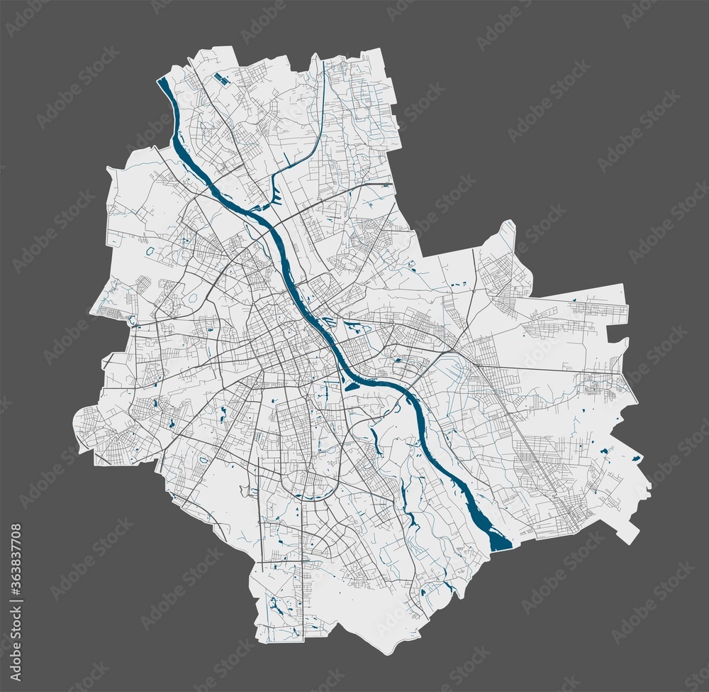 Planimetryczna mapa Warszawy z siecią ulic i osią rzeki w monochromatycznej palecie grafitu i petrolu - obraz drukowany na płótnie
