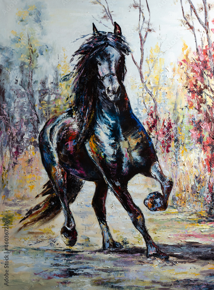 Malarska ilustracja czarnego konia w galopie z teksturą impasto na jesiennym tle - obraz drukowany na płótnie