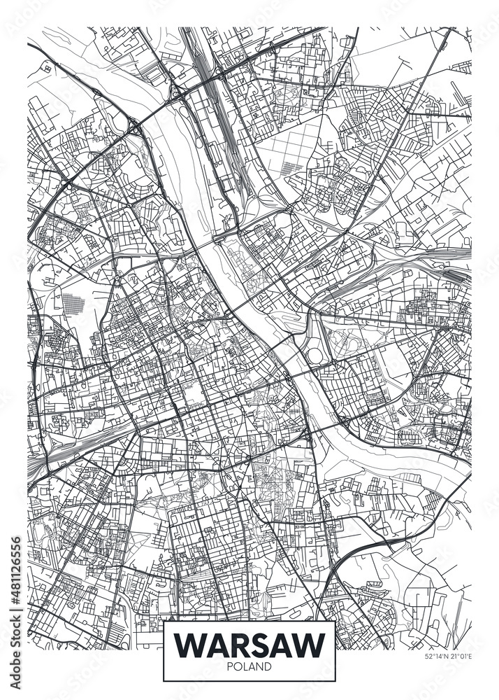 Czarno-biała mapa ulic Warszawy z Wisłą, geometryczna siatka arterii i detali w stylu line-art - obraz drukowany na płótnie