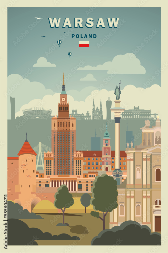 Ilustracja wektorowa panoramy Warszawy z Pałacem Kultury i Nauki, Zamkiem Królewskim i skyline w pastelowych beżowo-turkusowych tonach - obraz drukowany na płótnie