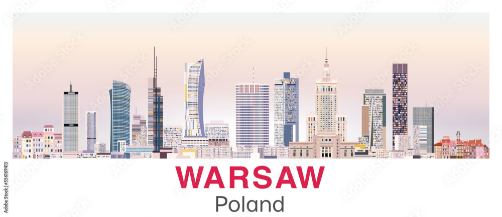 Wektorowa ilustracja panoramy Warszawy z wieżowcami i Pałacem Kultury w pastelowych odcieniach beżu, różu i szarości na jasnym tle - obraz drukowany na płótnie