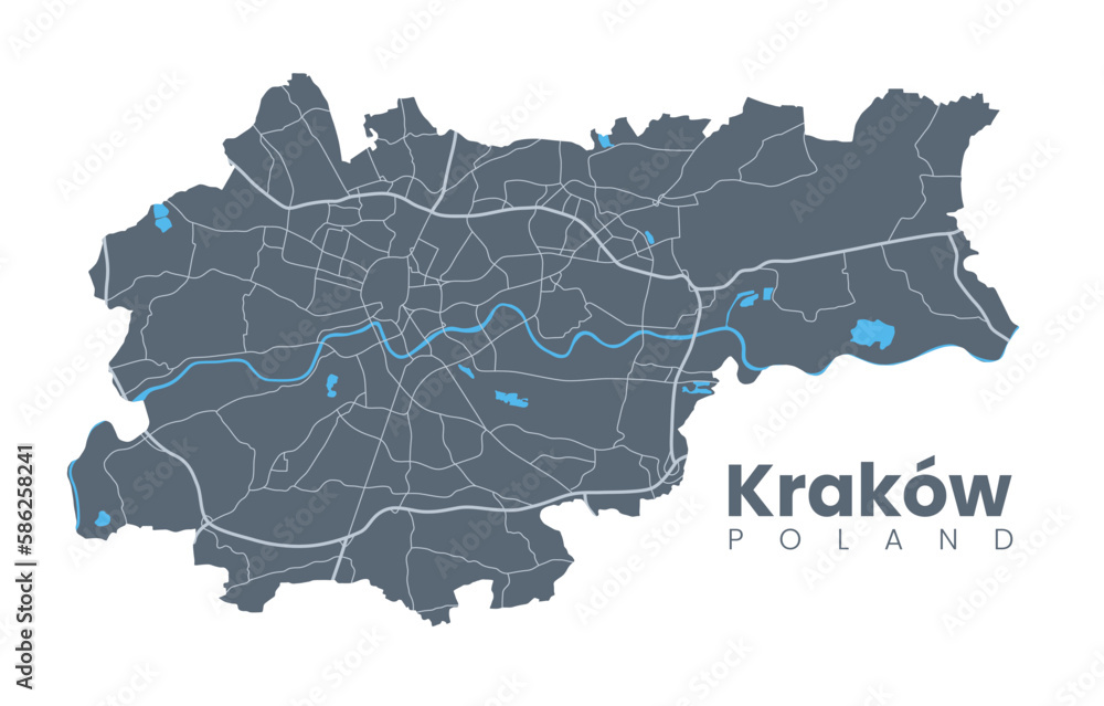 Stylizowana mapa Krakowa z siecią ulic i błękitną linią Wisły w grafitowych tonach na białym tle - obraz drukowany na płótnie