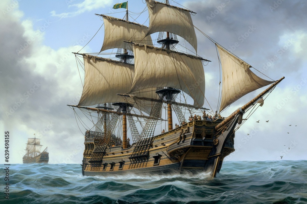 Ilustracja przedstawia historyczny galeon na morzu. Duży żaglowiec z rozwiniętymi żaglami, na pierwszym planie wzburzone fale, drugi plan inny okręt, pochmurne niebo.