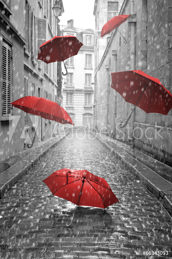 Fotoobraz Czerwone parasolki w powietrzu | fotoobraz beton architektoniczny