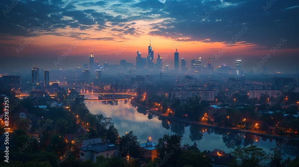 Panorama Warszawy o zmierzchu z rzeką Wisłą, wieżowcami Varso Tower i Warsaw Spire w granatowo-morelowej tonacji - obraz drukowany na płótnie