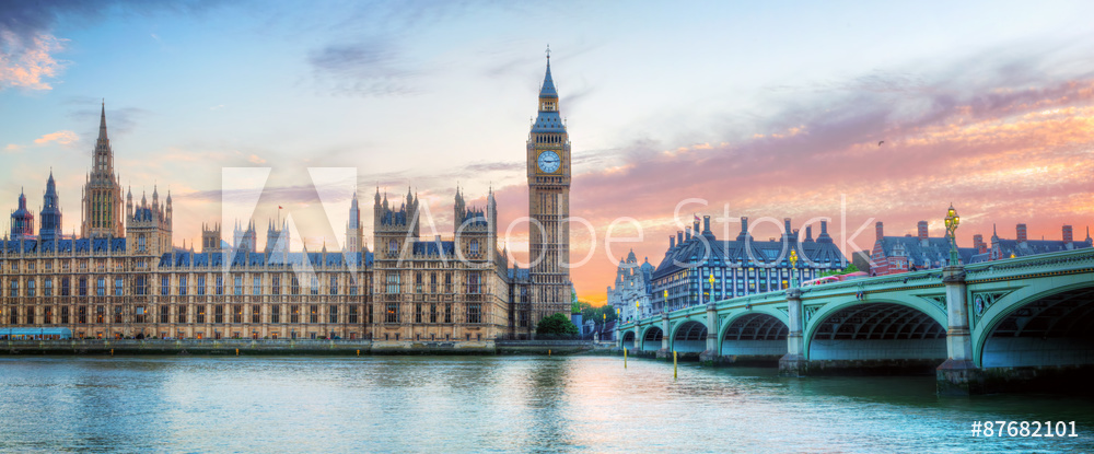 London, UK panorama. Big Ben in Westminster Palace on River Thames at sunset
