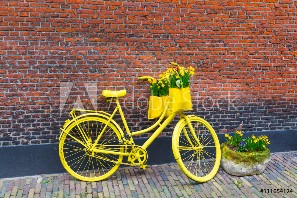 Obraz drukowany na płótnie Żółty rower z koszem kwiatów