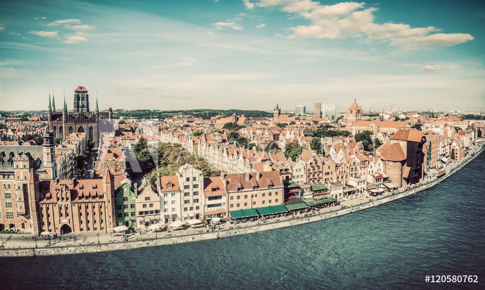 Obraz na płótnie Panorama starego miasta i Motławy z lotu ptaka w salonie