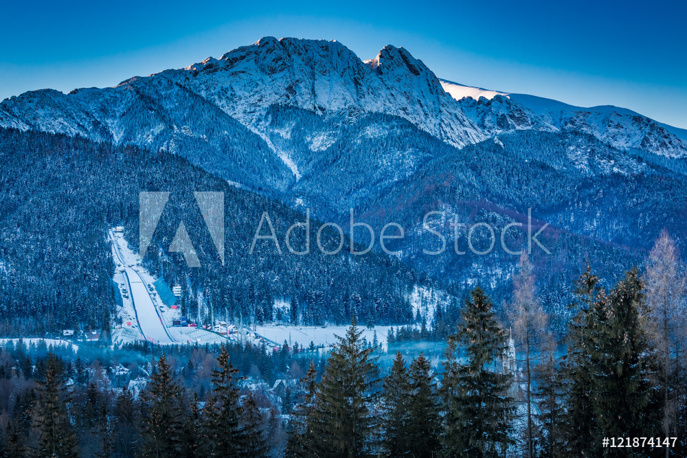 Giewont peak at dawn in Zakopane in winter, Tatra Mountains, Poland