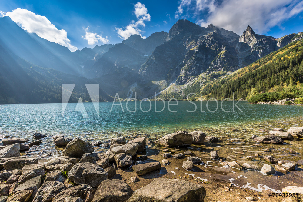 Green water mountain lake Morskie Oko, Tatra Mountains, Poland