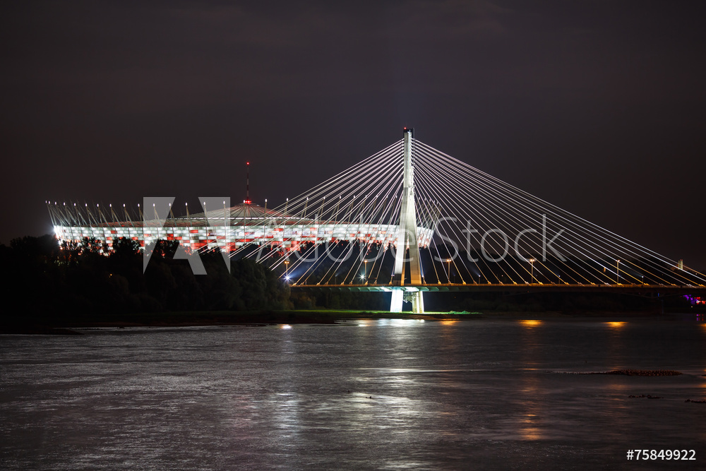 oświetlony Most Świętokrzyski i Stadion Narodowy w Warszawie | Obraz na płótnie